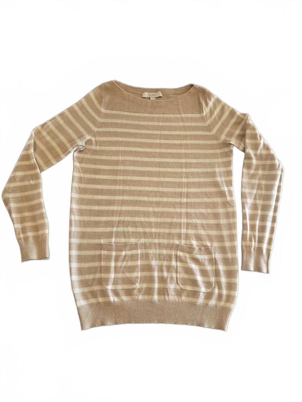 LOFT Lightweight Striped Pocket Knit Tunic Sweater M Preppy Quiet Luxury Coastal